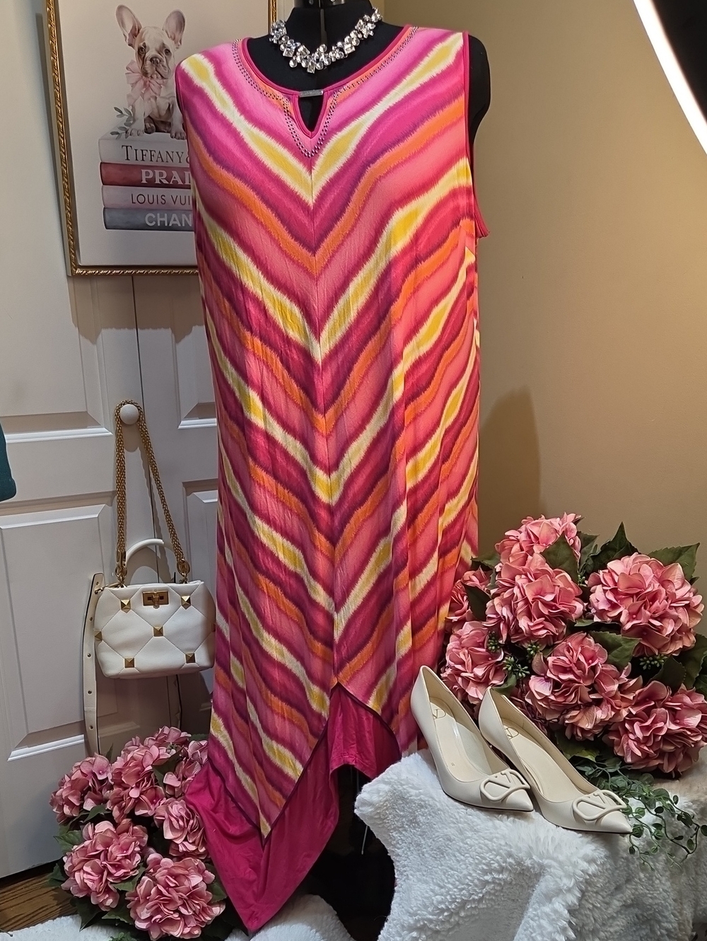 Nwt 4X Catherines Pink Chevron Sleeveless Maxi Dress with Keyhole No Pockets - Picture 3 of 16